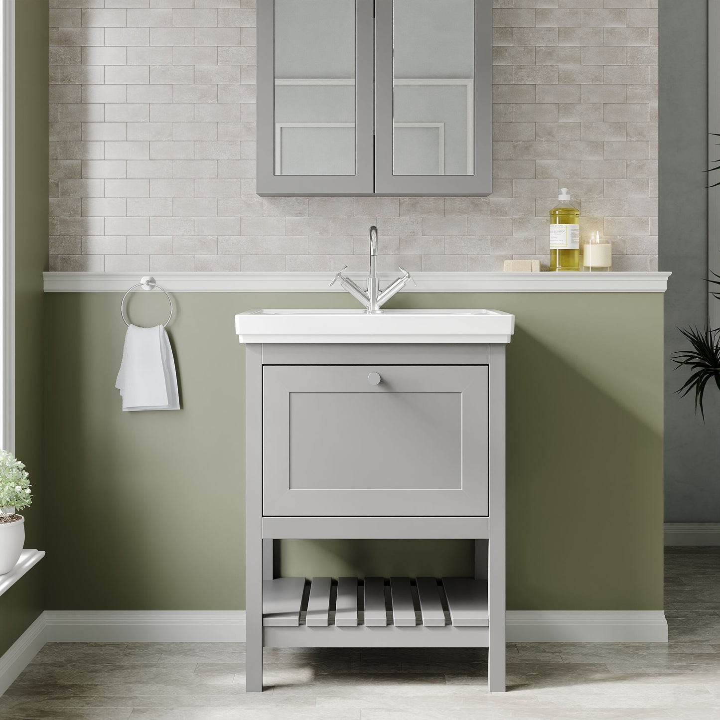 Hudson Reed Bexley 600mm Cool Grey Floor Standing 1 Drawer Vanity Unit with 1 Tap Hole Fireclay Basin