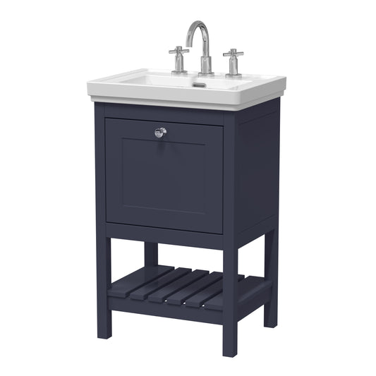 Hudson Reed Bexley 500mm Indigo Blue Floor Standing 1 Drawer Vanity Unit With 3 Tap Hole Fireclay Basin