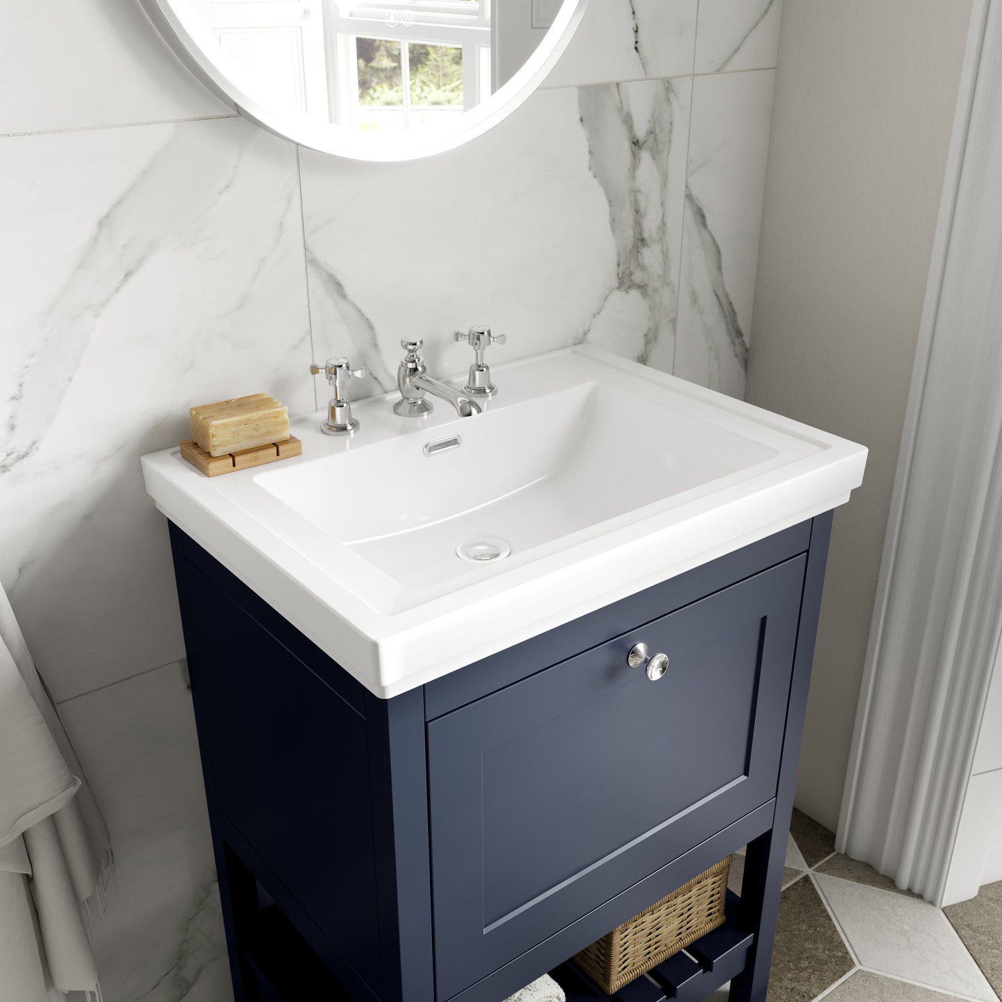 Hudson Reed Bexley 500mm Indigo Blue Floor Standing 1 Drawer Vanity Unit With 3 Tap Hole Fireclay Basin