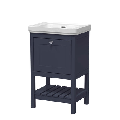 Hudson Reed Bexley 500mm Indigo Blue Floor Standing 1 Drawer Vanity Unit with 0 Tap Hole Fireclay Basin