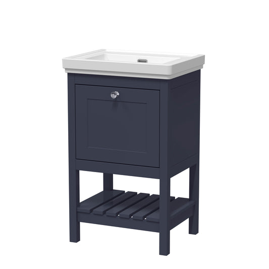 Hudson Reed Bexley 500mm Indigo Blue Floor Standing 1 Drawer Vanity Unit with 0 Tap Hole Fireclay Basin