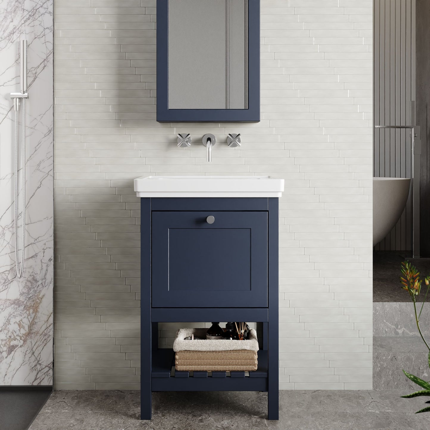 Hudson Reed Bexley 500mm Indigo Blue Floor Standing 1 Drawer Vanity Unit with 0 Tap Hole Fireclay Basin