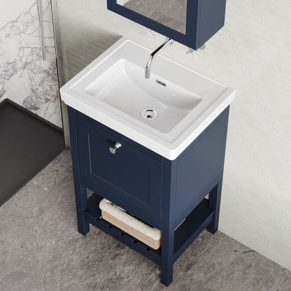 Hudson Reed Bexley 500mm Indigo Blue Floor Standing 1 Drawer Vanity Unit with 0 Tap Hole Fireclay Basin