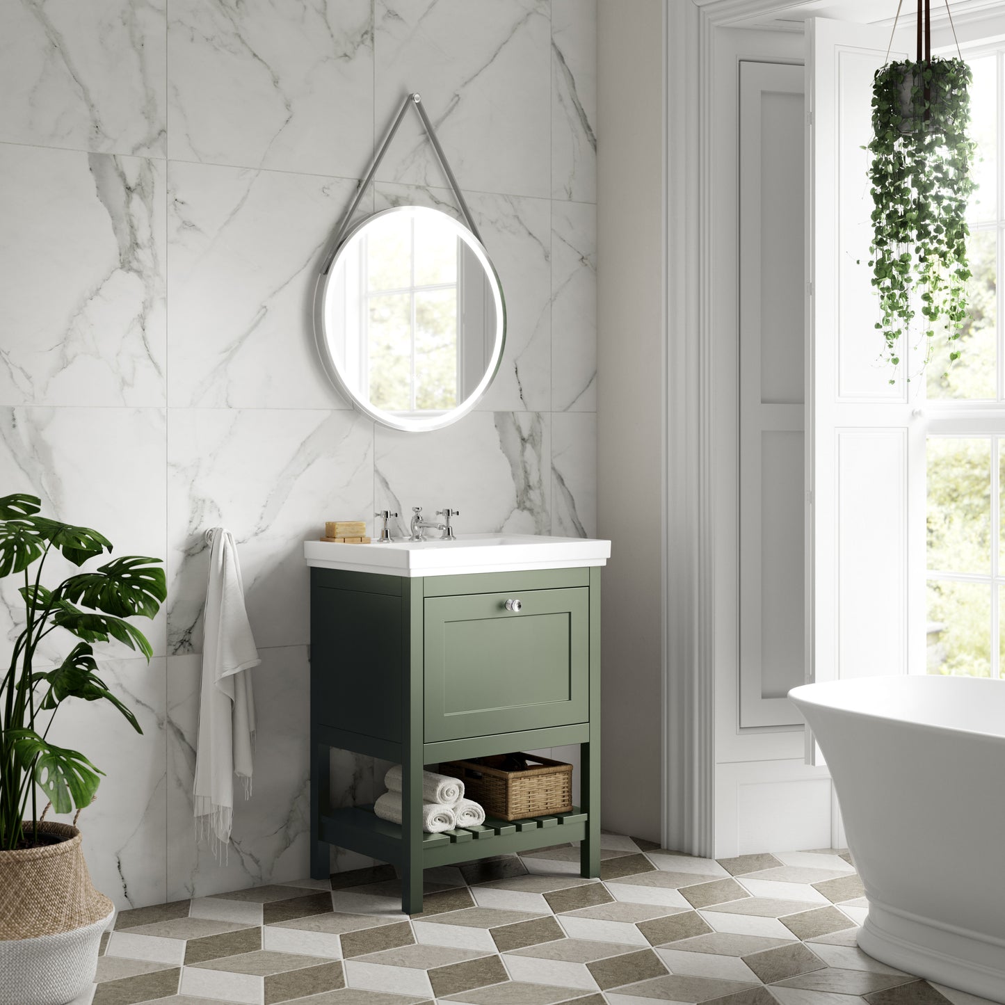 Hudson Reed Bexley 500mm Floor Standing Vanity Unit With 1 Drawer & 3 Tap Hole Fireclay Basin