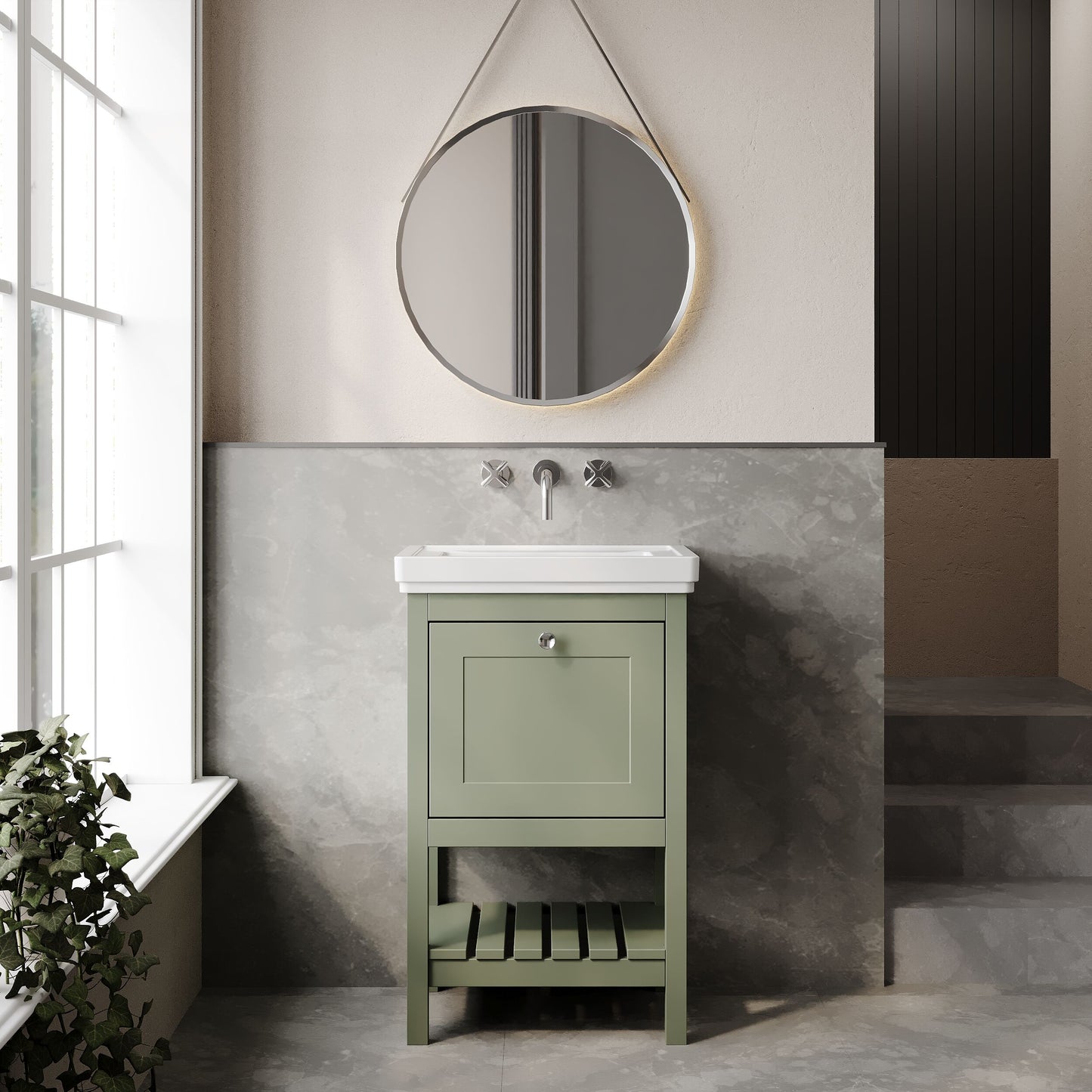 Hudson Reed Bexley 500mm Fern Green Floor Standing 1 Drawer 0 Tap Hole Vanity Unit & Basin