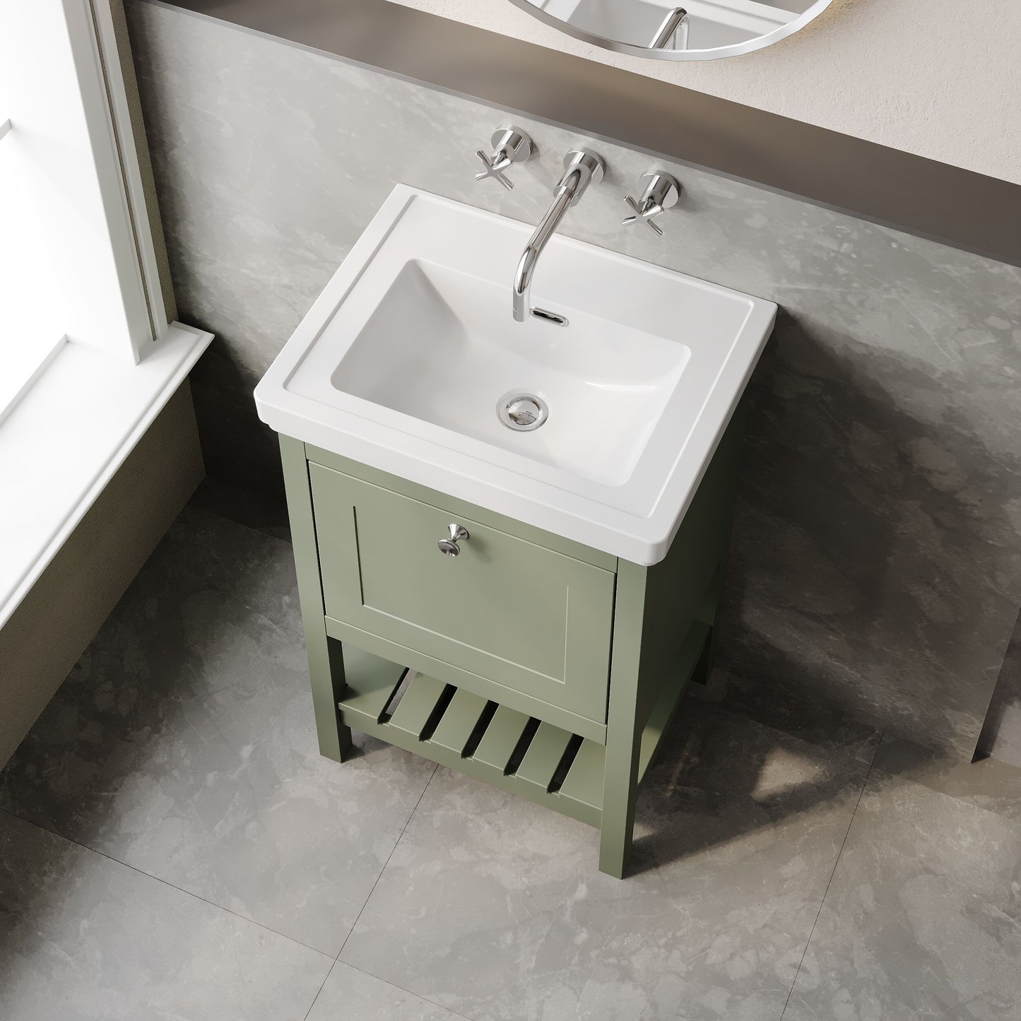 Hudson Reed Bexley 500mm Fern Green Floor Standing 1 Drawer 0 Tap Hole Vanity Unit & Basin