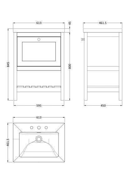 Hudson Reed Bexley 600mm Fern Green Floor Standing 1 Drawer Vanity Unit With 3 Tap Hole Basin