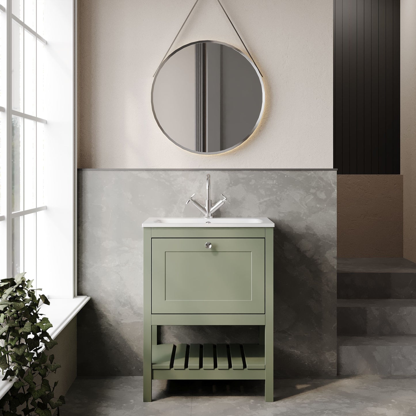 Bexley Floor Standing 1 Drawer Vanity & 1 Tap Hole Stone Basin, 600mm - Fern Green