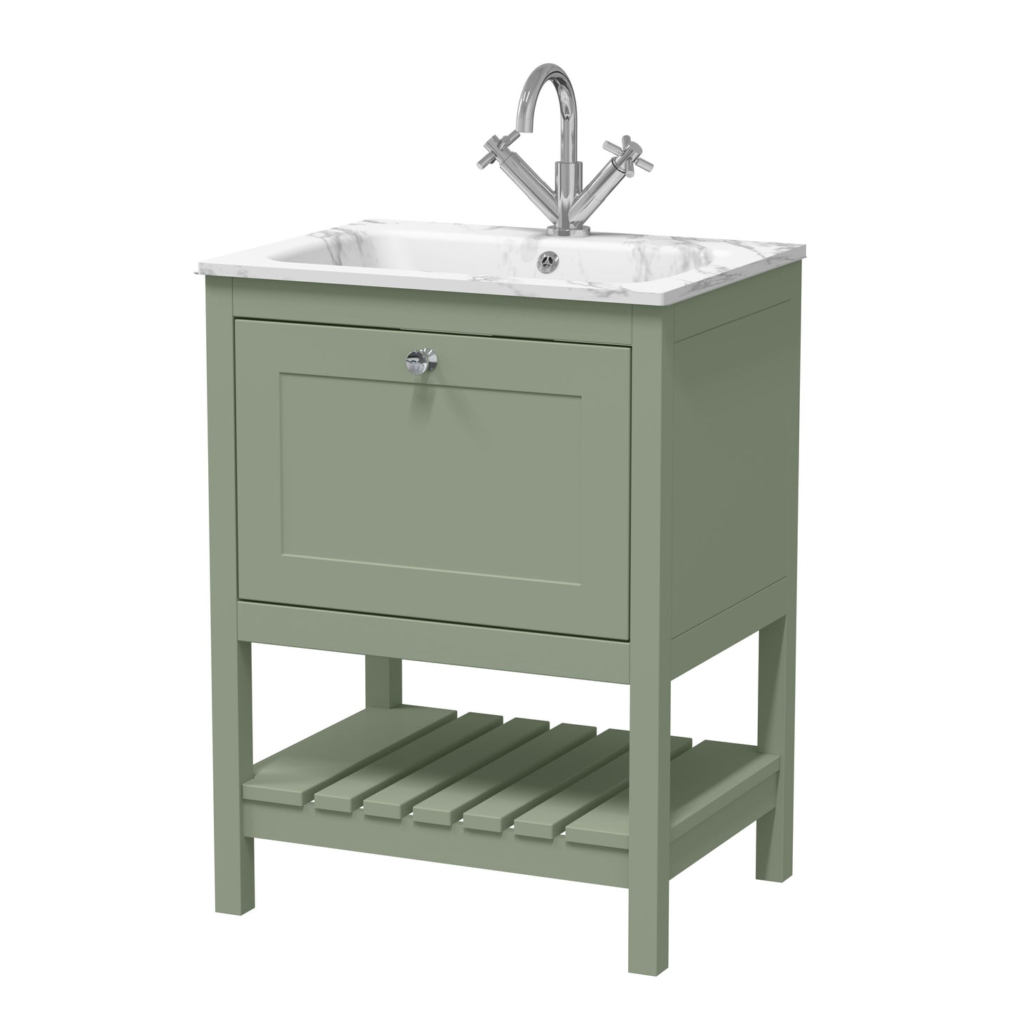 Bexley Floor Standing 1 Drawer Vanity & 1 Tap Hole Stone Basin, 600mm - Fern Green