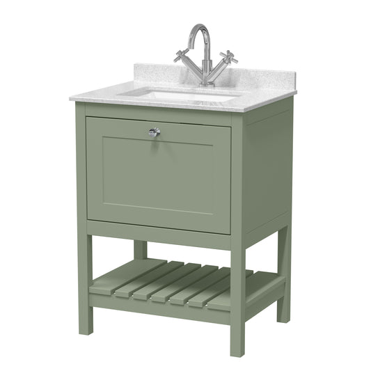 Hudson Reed Bexley 600mm Fern Green Floor Standing 1 Drawer Vanity Unit With Marble Top Basin, 1 Tap Hole