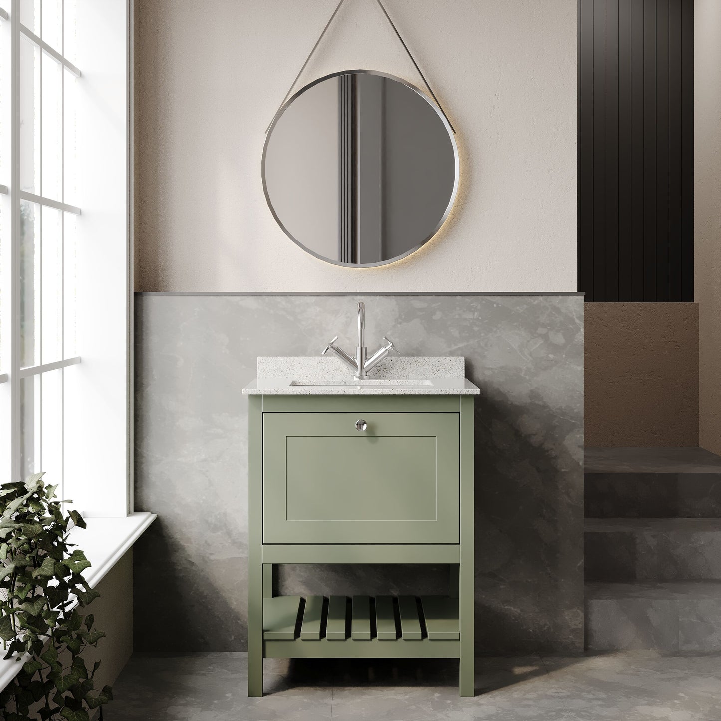 Hudson Reed Bexley 600mm Fern Green Floor Standing 1 Drawer Vanity Unit With Marble Top Basin, 1 Tap Hole