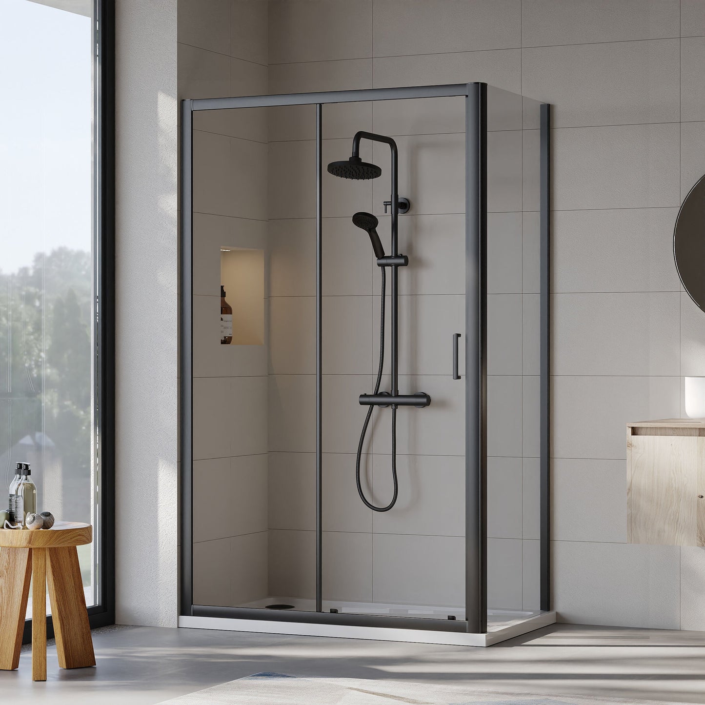 [BEZET015] Almington Sliding Shower Door, Side Panel and Shower Tray - Choice of Size and Finish - Lifestyle 1