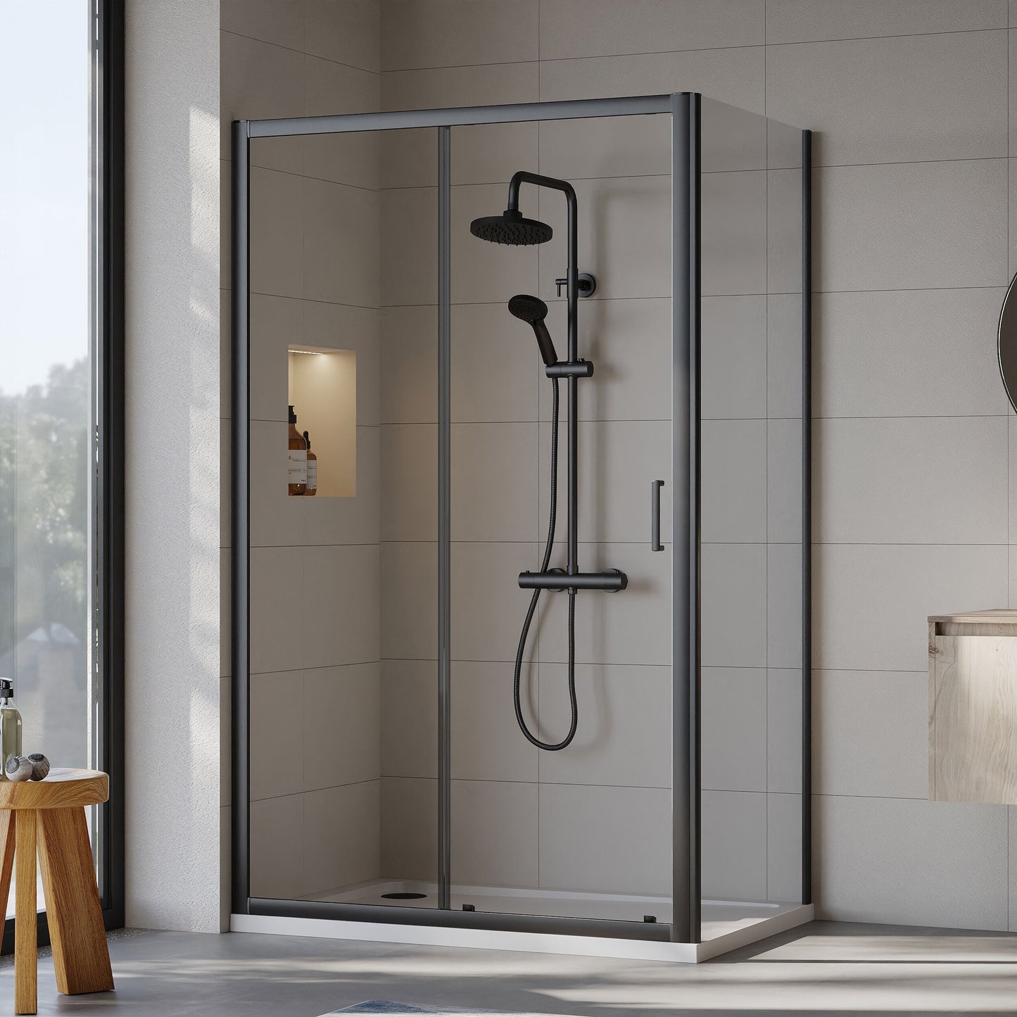 [BEZET021] Almington Sliding Shower Door, Side Panel and Shower Tray - Choice of Size and Finish - Lifestyle 1