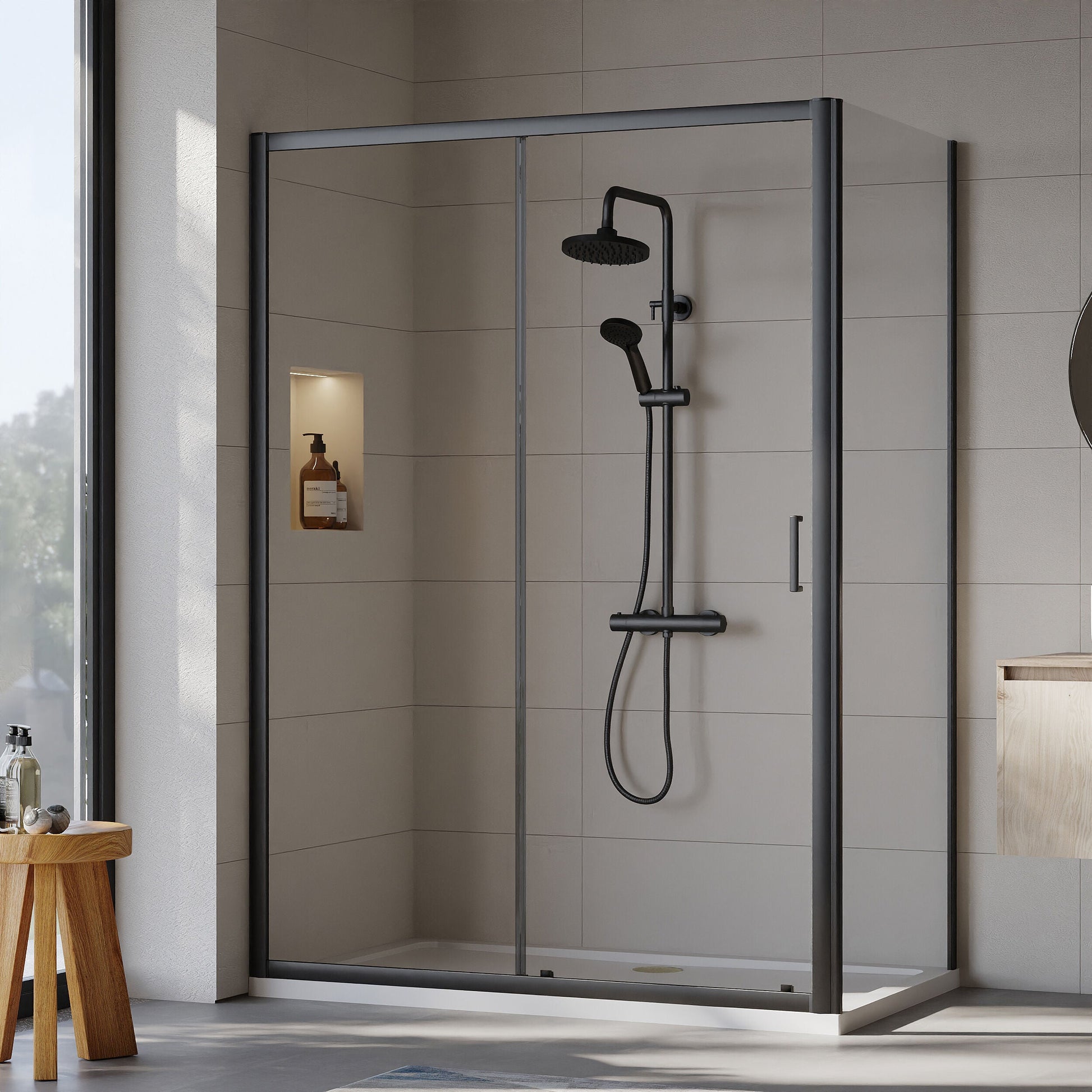 [BEZET033] Almington Sliding Shower Door, Side Panel and Shower Tray - Choice of Size and Finish - Lifestyle 1