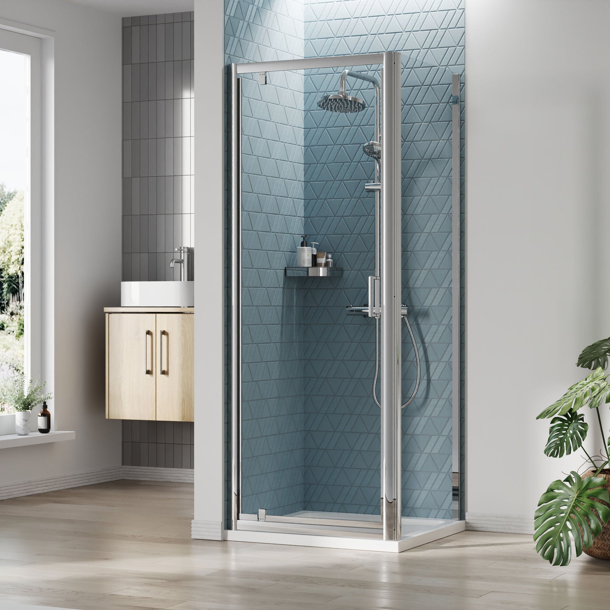 [BEZET037] Almington Pivot Shower Door, Side Panel and Shower Tray - Choice of Size and Finish - Lifestyle 1