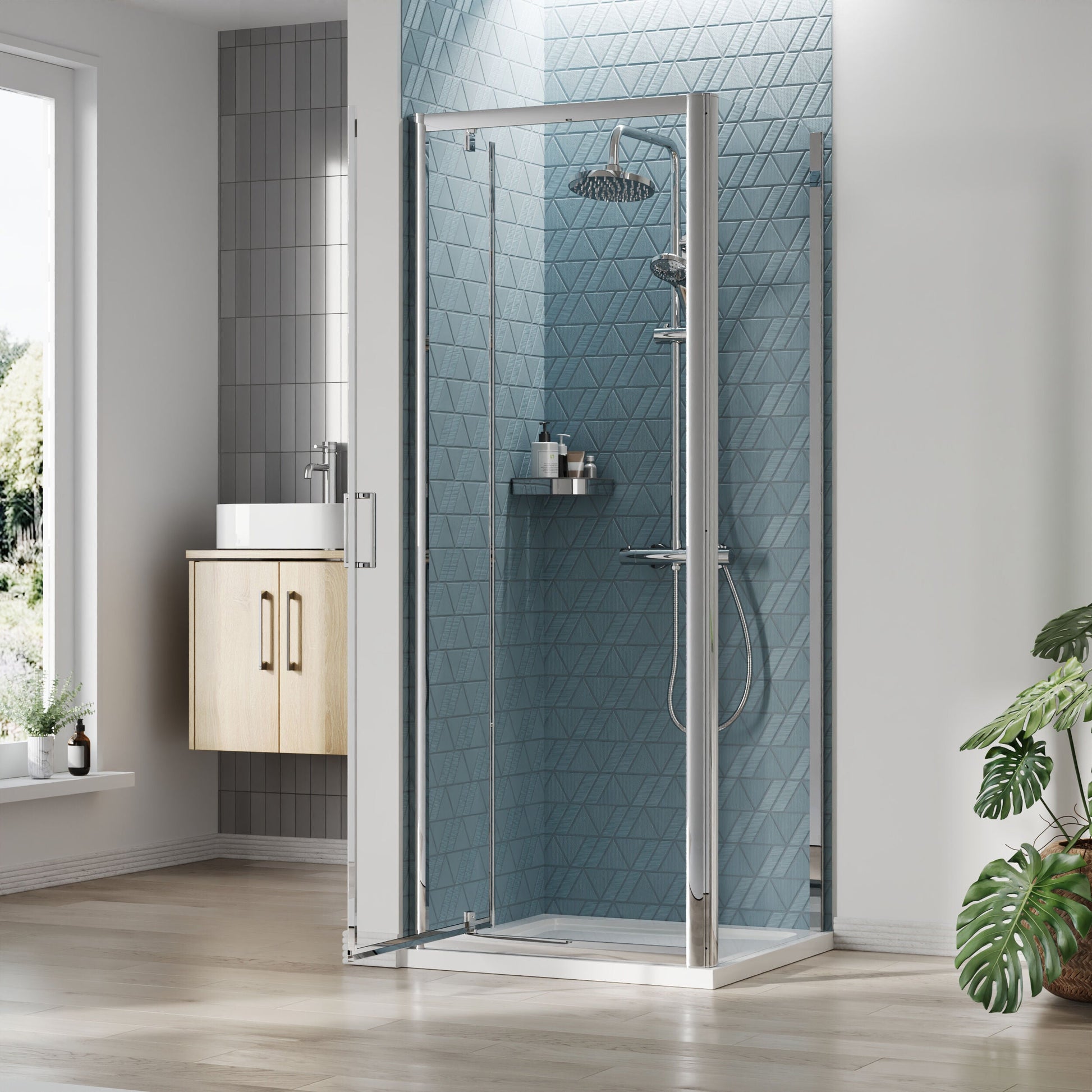 [BEZET037] Almington Pivot Shower Door, Side Panel and Shower Tray - Choice of Size and Finish - Lifestyle 2