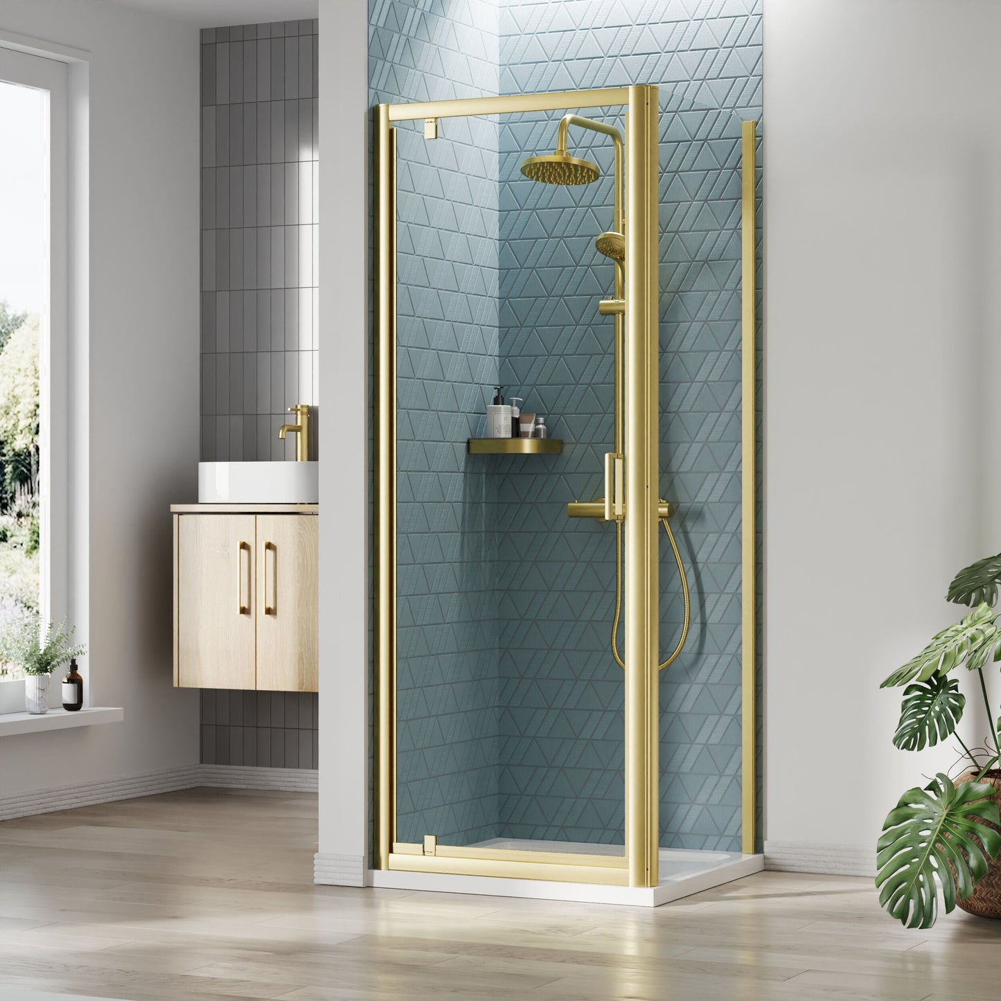 [BEZET038] Almington Pivot Shower Door, Side Panel and Shower Tray - Choice of Size and Finish - Lifestyle 1