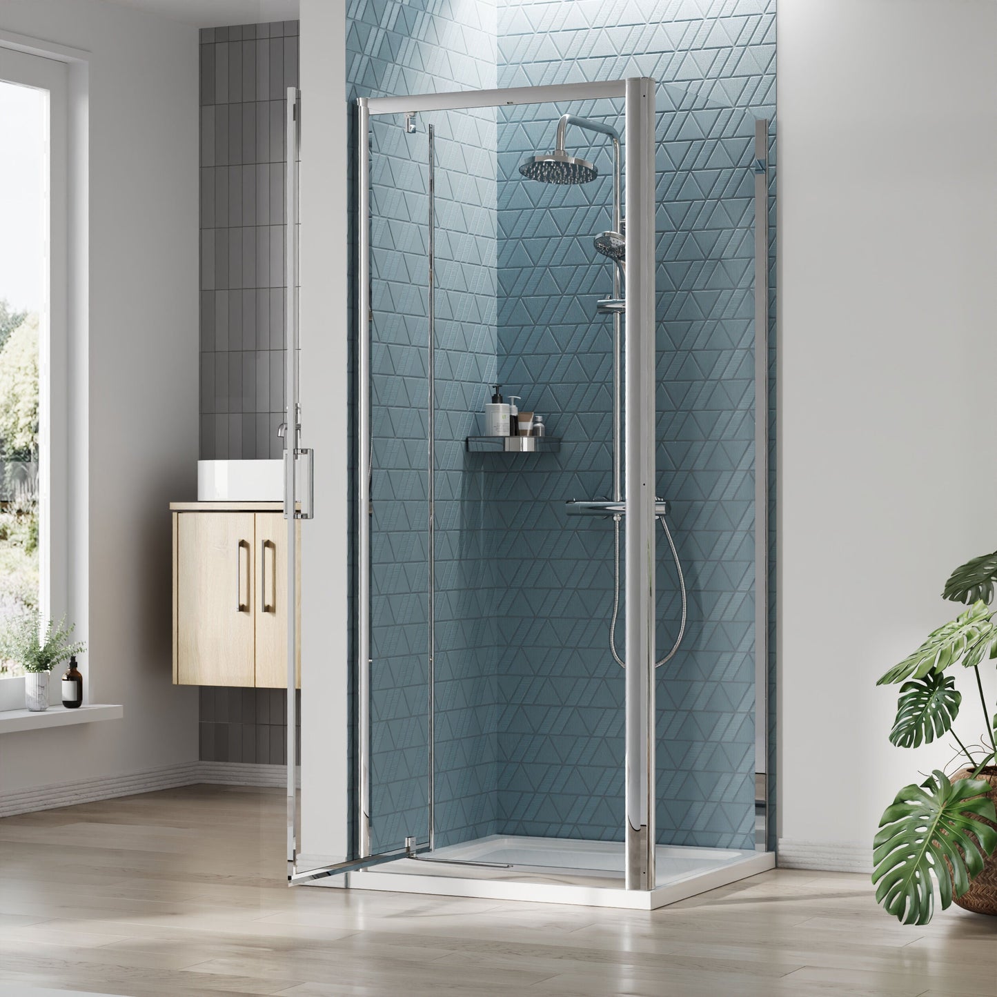 [BEZET040] Almington Pivot Shower Door, Side Panel and Shower Tray - Choice of Size and Finish - Lifestyle 2