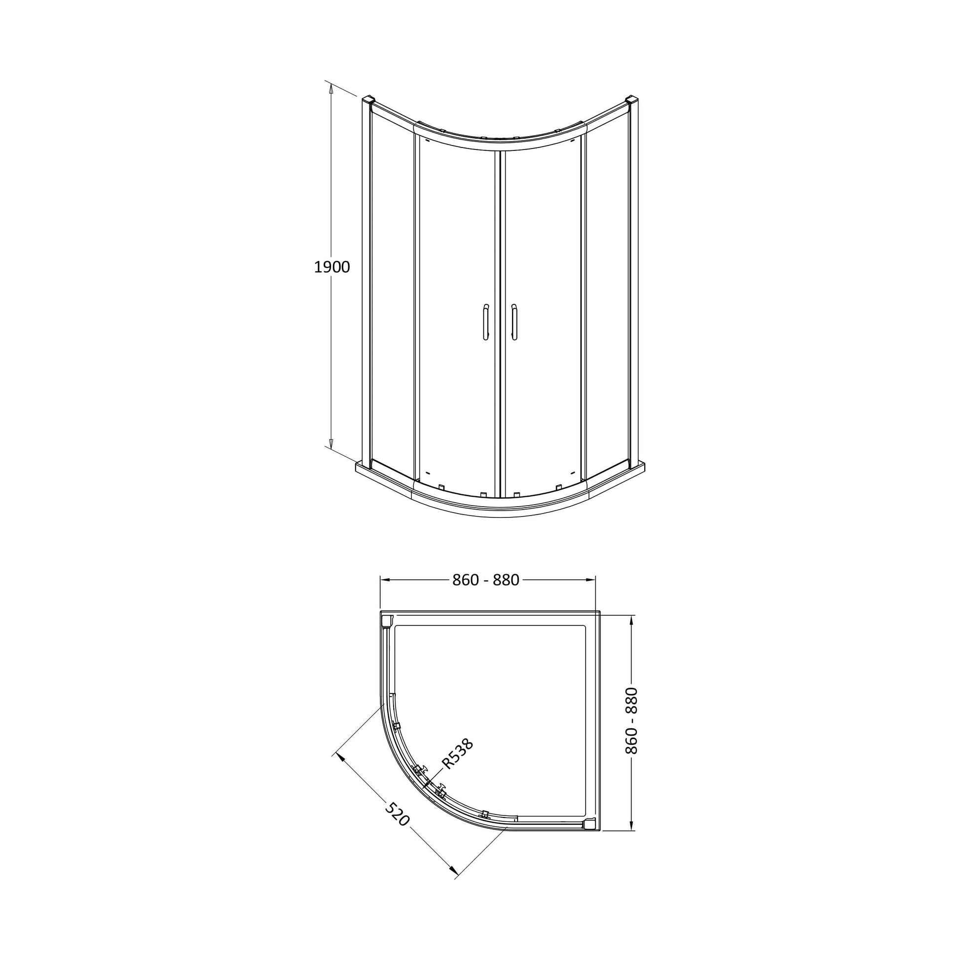 [BEZLU006] 8mm Toughened Safety Glass Quadrant Shower Enclosure and Resin Shower Tray - Choice of Size and Finish - Technical Drawing