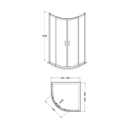 [BEZLU021] 8mm Toughened Safety Glass Quadrant Shower Enclosure and Resin Shower Tray - Choice of Size and Finish - Technical Drawing