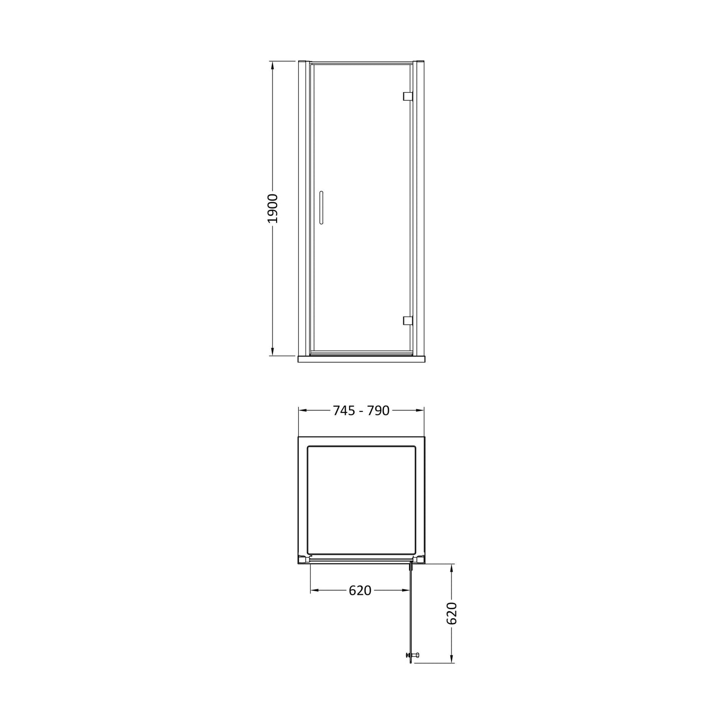 [BEZLU044] 8mm Toughened Safety Glass Hinged Shower Door, Side Panel and Slimline Shower Tray - Choice of Size and Finish - Technical Drawing