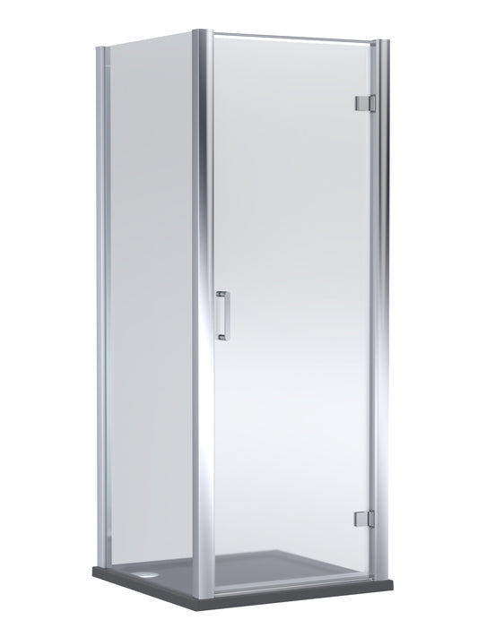Balterley Hinged Shower Door with 6mm Glass, Side Panel & 900x900mm Chrome Frame with Slate Grey Shower Tray