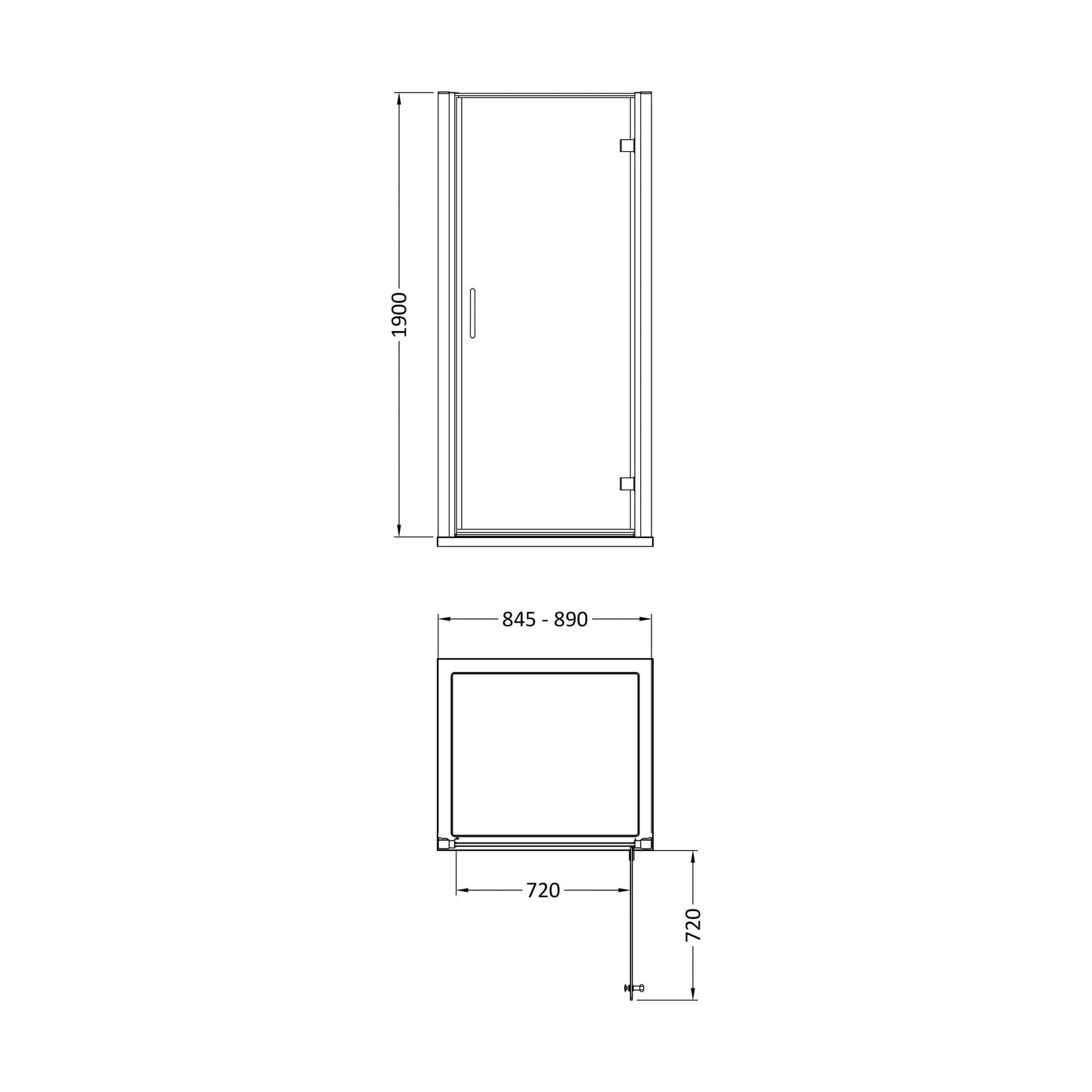 [BEZLU064] 8mm Toughened Safety Glass Hinged Shower Door, Side Panel and Shower Tray - Choice of Size and Finish - Technical Drawing