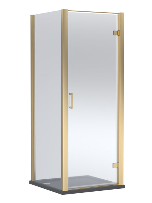 Balterley Hinged Shower Door with 6mm Glass, Side Panel & 900x900mm Shower Tray, Brushed Brass/Slate Grey
