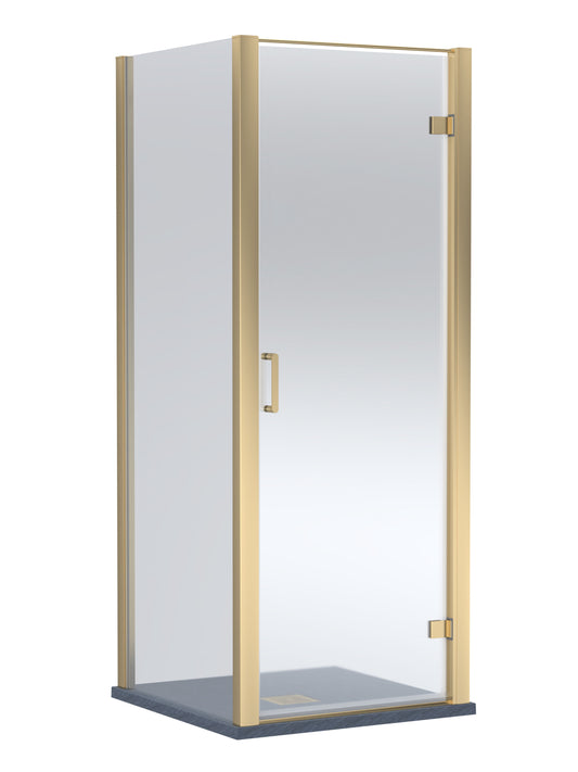 Balterley Hinged Shower Door with 6mm Glass, Side Panel & Slimline 900x900mm Shower Tray, Brushed Brass/Grey