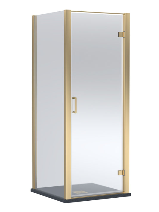 Balterley Hinged Shower Door with 6mm Glass, Side Panel & Slimline 900x900mm Shower Tray, Brushed Brass/Black