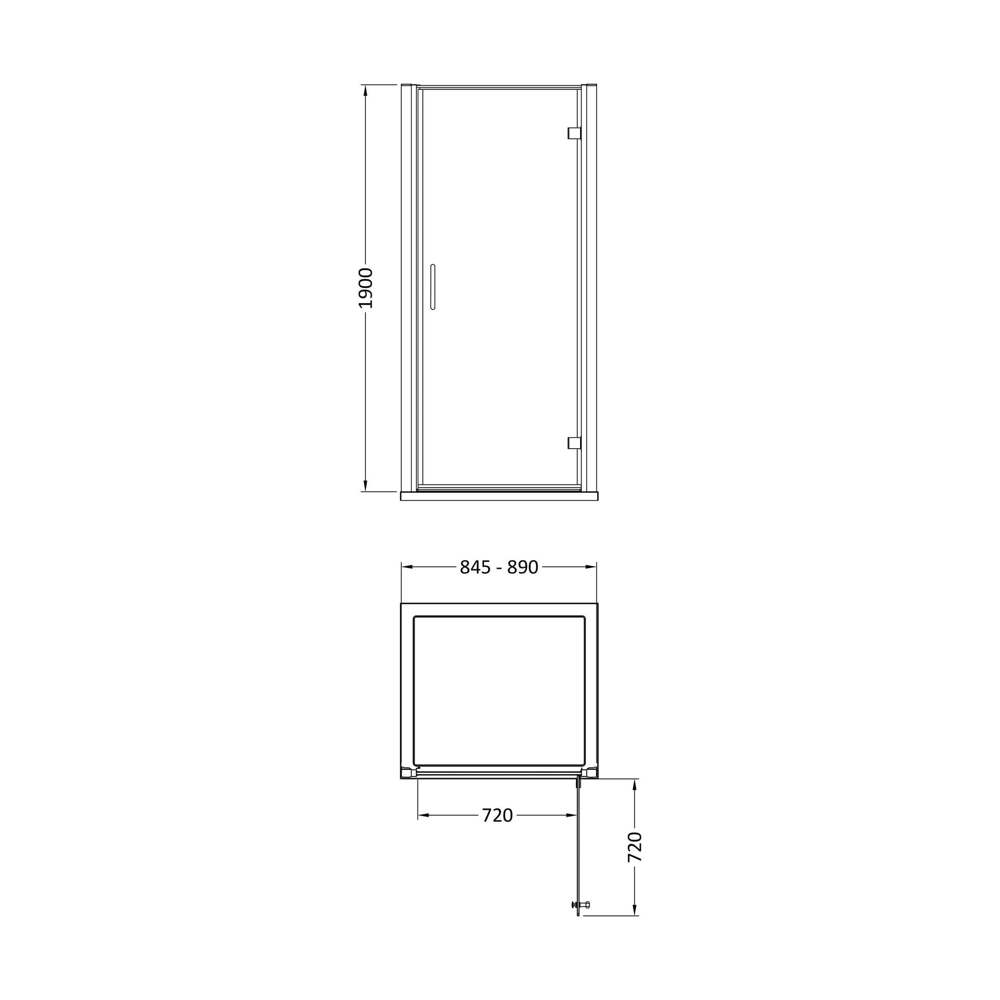 [BEZLU073] 8mm Toughened Safety Glass Hinged Shower Door, Side Panel and Slimline Shower Tray - Choice of Size and Finish - Technical Drawing