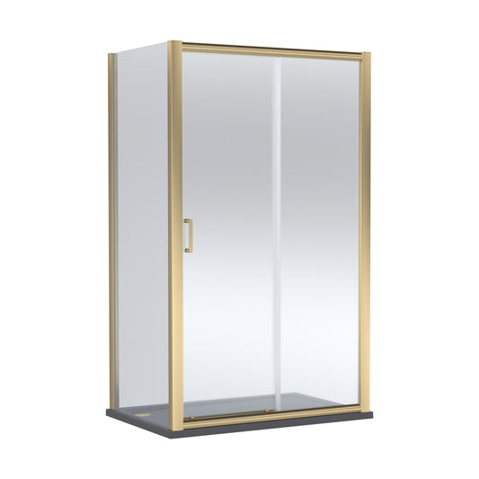 [BEZLU092] Balterley Sliding Shower Door with 6mm Glass, Side Panel & 1200x800mm Shower Tray, Brushed Brass/Grey - Cutout