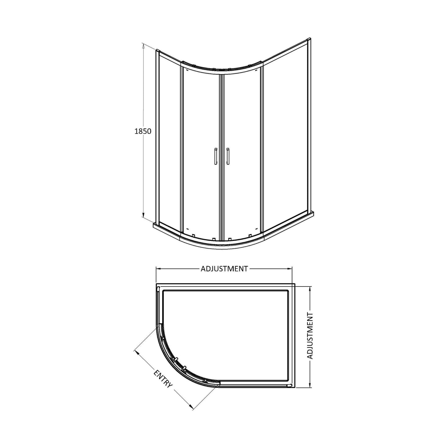[BEZRU010] Balterley Ruwa Shower Enclosure Bundle: Offset Right Hand Quadrant & Slimline Tray, 1000 x 800 mm Black/White - Technical Drawing
