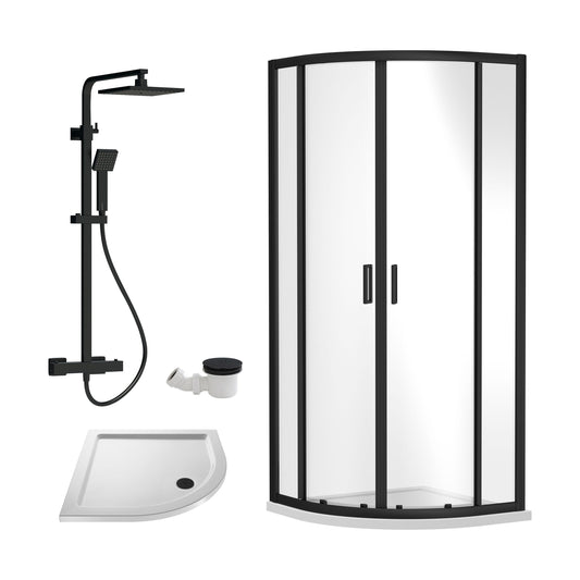 [BEZRU017] Balterley Ruwa Quadrant Shower Enclosure Bundle: Tray, Square Kit & Waste, 800 x 800 mm White/Black - Cutout