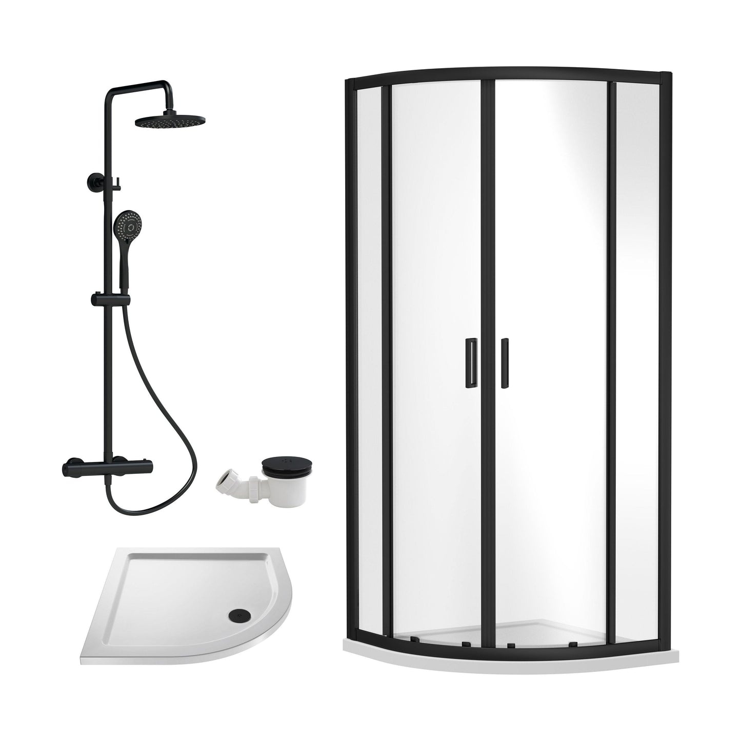 [BEZRU018] Balterley Ruwa Quadrant Shower Enclosure Bundle: Slimline Tray, Round Kit & Waste, 800 x 800 mm White/Black - Cutout