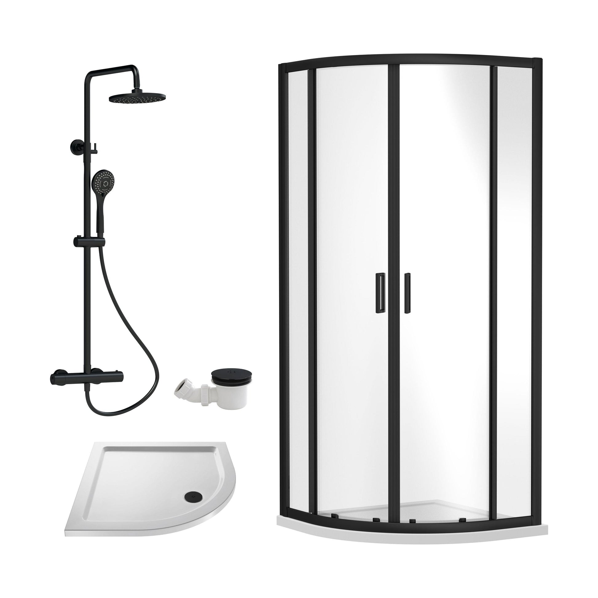[BEZRU018] Balterley Ruwa Quadrant Shower Enclosure Bundle: Slimline Tray, Round Kit & Waste, 800 x 800 mm White/Black - Cutout