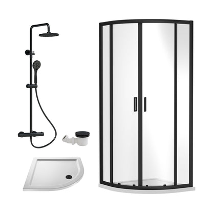 [BEZRU018] Balterley Ruwa Quadrant Shower Enclosure Bundle: Slimline Tray, Round Kit & Waste, 800 x 800 mm White/Black - Cutout