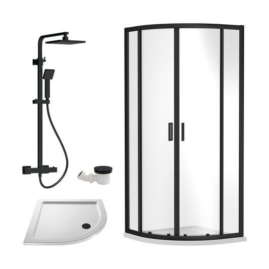 [BEZRU019] Balterley Ruwa Quadrant Shower Enclosure Bundle: Tray, Square Kit & Waste, 900 x 900 mm White/Black - Cutout