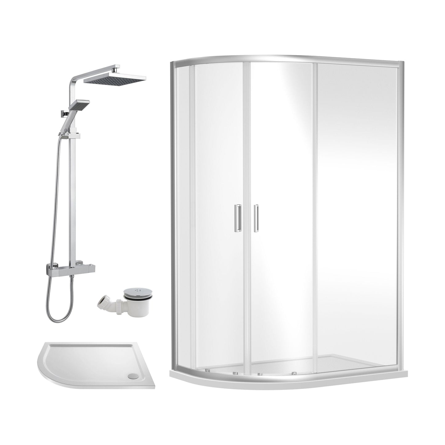 [BEZRU021] Balterley Ruwa Quadrant Offset Left Bundle: Slimline Tray, Square Kit & Waste, 1000 x 800 mm White/Chrome - Cutout