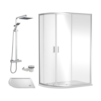 [BEZRU021] Balterley Ruwa Quadrant Offset Left Bundle: Slimline Tray, Square Kit & Waste, 1000 x 800 mm White/Chrome - Cutout