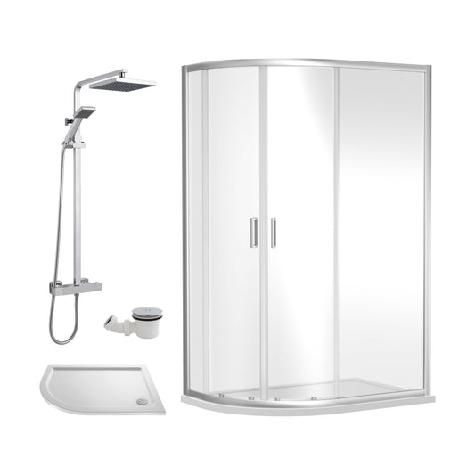 [BEZRU021] Balterley Ruwa Quadrant Offset Left Bundle: Slimline Tray, Square Kit & Waste, 1000 x 800 mm White/Chrome - Cutout