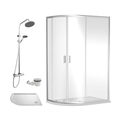 [BEZRU022] Balterley Ruwa Quadrant Offset Left Bundle: Slimline Tray, Round Kit & Waste, 1000 x 800 mm White/Chrome - Cutout