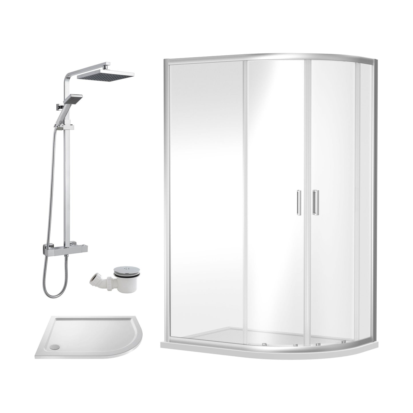 [BEZRU023] Balterley Ruwa Quadrant Offset Right: Tray, Square Kit & Waste, 1000 x 800 mm White/Chrome - Cutout