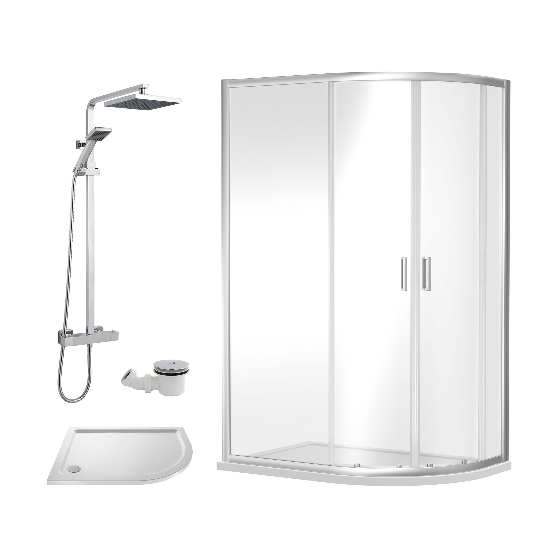 [BEZRU023] Balterley Ruwa Quadrant Offset Right: Tray, Square Kit & Waste, 1000 x 800 mm White/Chrome - Cutout