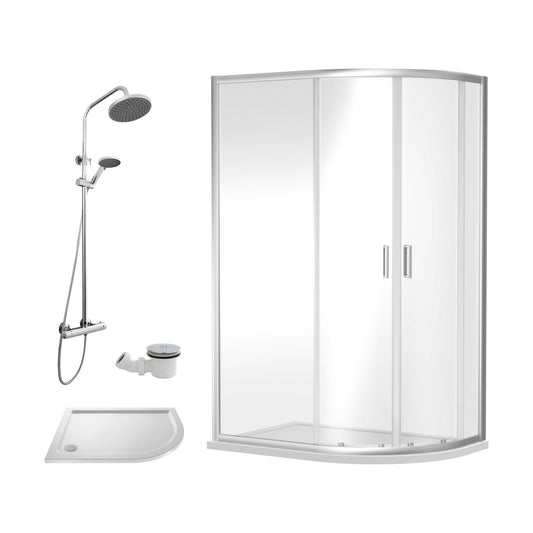 [BEZRU024] Balterley Ruwa Quadrant Offset Right Bundle: Slimline Tray, Round Kit & Waste, 1000 x 800 mm White/Chrome - Cutout
