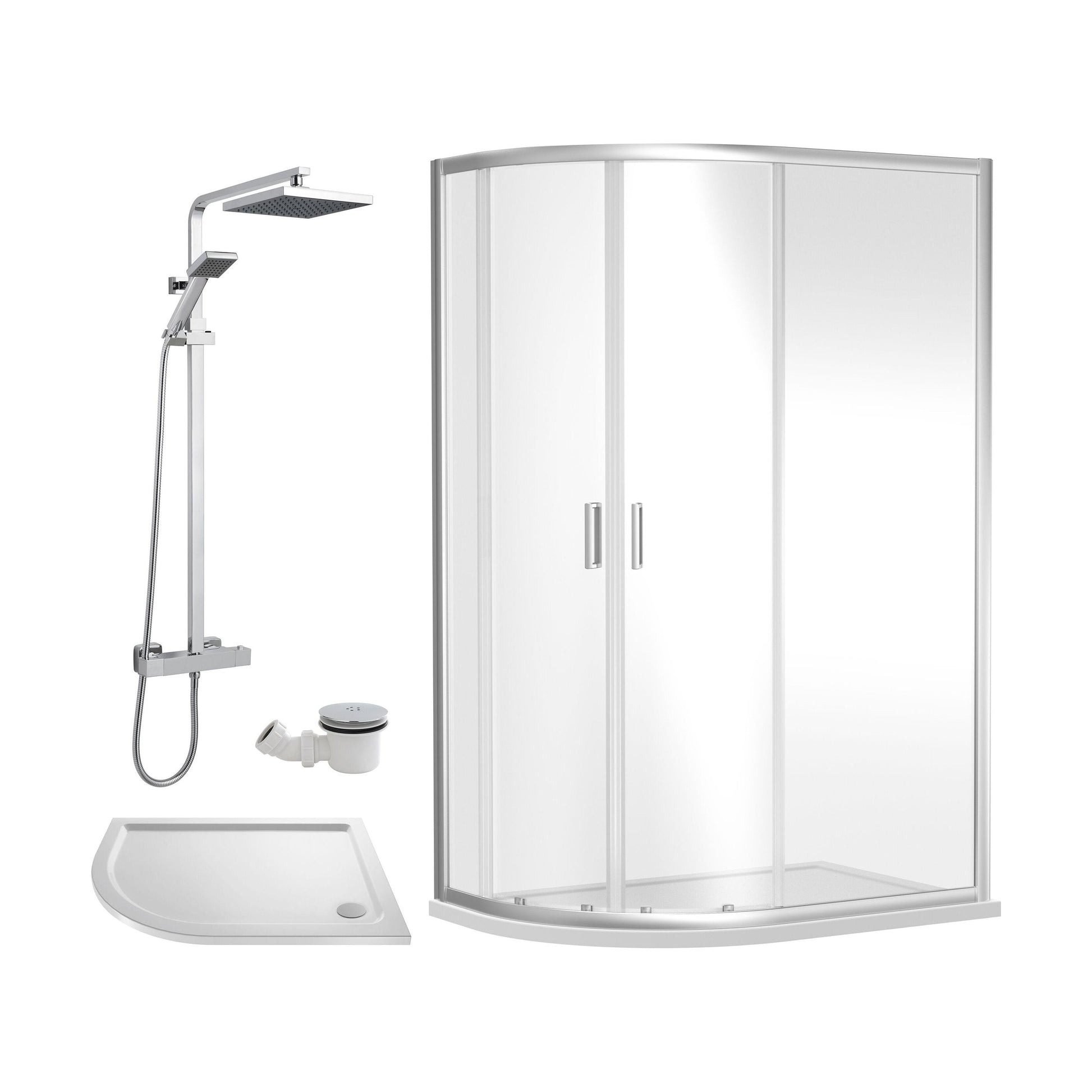 [BEZRU025] Balterley Ruwa Quadrant Offset Left Bundle: Slimline Tray, Square Kit & Waste, 1200 x 800 mm White/Chrome - Cutout