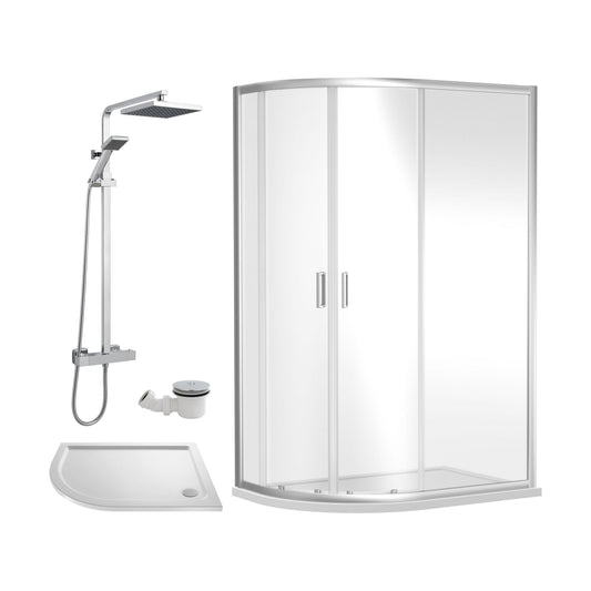 [BEZRU025] Balterley Ruwa Quadrant Offset Left Bundle: Slimline Tray, Square Kit & Waste, 1200 x 800 mm White/Chrome - Cutout