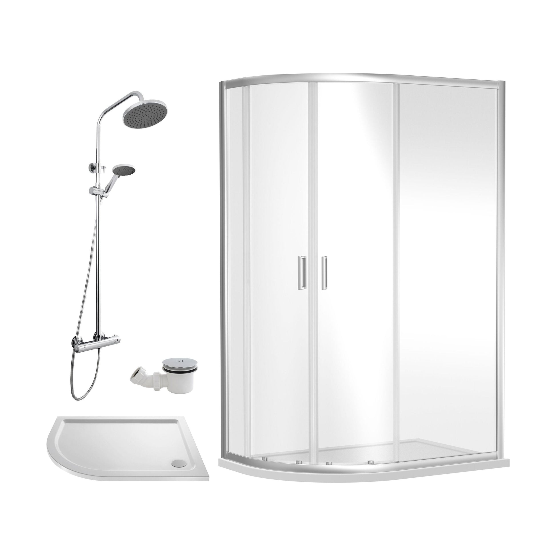 [BEZRU026] Balterley Ruwa Quadrant Offset Left Bundle: Slimline Tray, Round Kit & Waste, 1200 x 800 mm White/Chrome - Cutout