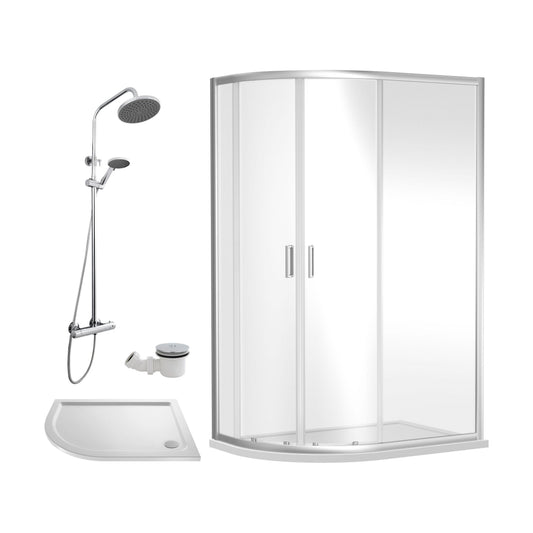 [BEZRU026] Balterley Ruwa Quadrant Offset Left Bundle: Slimline Tray, Round Kit & Waste, 1200 x 800 mm White/Chrome - Cutout