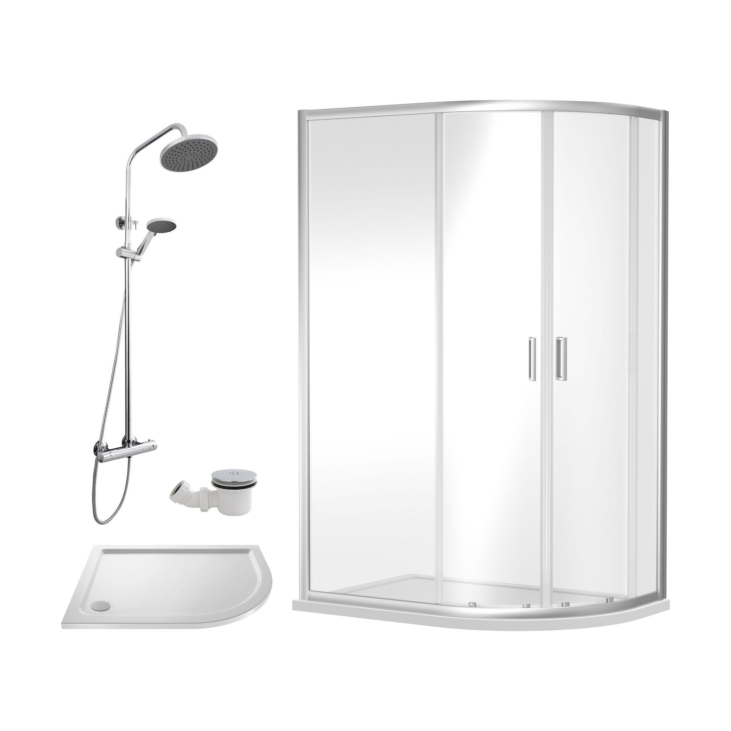 [BEZRU028] Balterley Ruwa Offset Right Quadrant: Tray, Round Kit & Waste, 1200 x 800 mm White/Chrome - Cutout